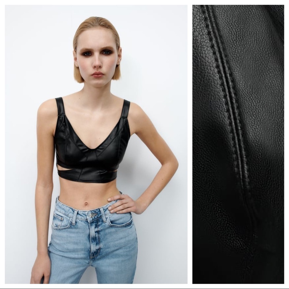 NWT. Zara Black Faux Leather Cut Out  V-neck Crop Top. Size M.